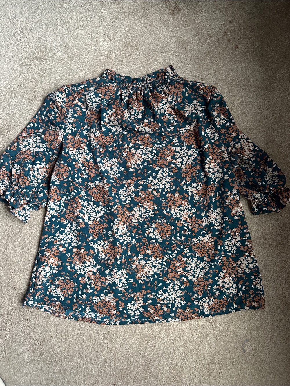 Smocked Neck Floral Blouse in Teal with Puff Sleeves